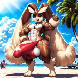 3_toes 4_fingers abs ai_generated anthro anthro_only beach bodybuilder bulge casual casual_boner cub cute erection_under_clothes greeting hard_nipples huge_ears hyper hyper_balls hyper_bulge hyper_penis lifeguard looking_at_viewer lopunny manly muscular muscular_anthro muscular_arms muscular_ass muscular_legs muscular_male muscular_thighs nai_diffusion outdoors pecs pokemon_(species) public purple_eyes small_but_hung solo speedo_only standing tenting thick_thighs tight_fit veiny_penis veiny_testicles whistle wide_hips young