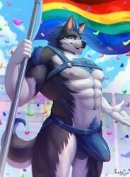 abs absurd_res anthro ball_bulge blue_body blue_eyes blue_fur building bulge canid canine canis chest_fur clothing cloud confetti curled_tail day flag flag_(object) fur fuzziness grey_body grey_fur harness hi_res holding_flag holding_object jockstrap lgbt_pride light male mammal muscular muscular_male nipples open_mouth pecs pride_colors pubes sky smile solo sunlight tail teeth tongue underwear white_body white_fur wolf