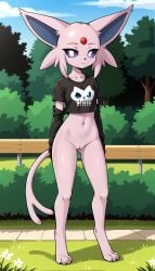 1girls 2024 ai_generated anthro bored bottomless bottomless_female crop_top digitigrade eeveelution espeon female female_only generation_2_pokemon goth goth_girl hi_res innie_pussy looking_at_viewer nintendo outdoors pokemon pokemon_(species) purple_eyes pussy sleeves