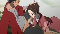 1boy 1girls asian asian_female brown_eyes censored fuu gmr japanese_clothes kimono mugen_(samurai_champloo) oral oral_sex samurai_champloo sex sucking_penis