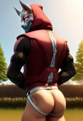 ai_generated ass back drift_(fortnite) fortnite furry gay hoodie jockstrap jockstrap_only kitsune looking_at_viewer looking_back male male_only mask masked_male muscular muscular_male pantsless showing_ass toned_body toned_male twall97