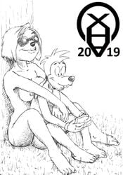 age_difference breasts canid canine canis cousins debbie_dune disney domestic_dog eyewear female goof_troop grass leaning_on_tree male mammal max_goof monochrome nipples size_difference sunglasses xenahasaclit