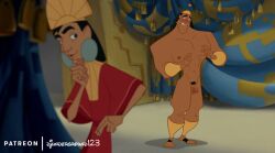 2021 2boys black_hair cmnm disney djunderground123 embarrassed embarrassed_nude_male enjoying enm gay kronk kuzco male_only muscular muscular_male naked patreon stolen_clothes stripped_naked the_emperor's_new_groove