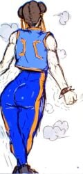 bodysuit brown_hair chun-li hair_bun hair_ornament hair_ribbon legs_crossed muscular muscular_female no_background presenting_hindquarters randomart steam street_fighter stretching thick_thighs tight_clothing toned_female