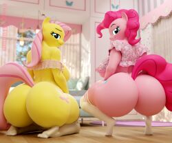 2girls 3d 3d_(artwork) anthro ass big_ass big_breasts bottom_heavy bottomless breasts breasts_out bubble_butt clothing crouching dat_ass equine fat_ass female female_only floppyhuman fluttershy_(mlp) friendship_is_magic huge_ass huge_breasts indoors large_ass large_breasts legwear looking_at_viewer looking_back massive_ass my_little_pony pink_body pink_hair pink_tail pinkie_pie_(mlp) png room socks squatting thick_ass thighhighs yellow_body