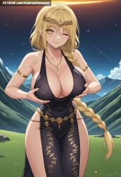 ai_generated aindroidparanoid ass big_breasts blonde_hair braid breasts busty cleavage covered_nipples curvy dress elden_ring fat_ass female female_only fromsoftware grabbing_own_breast hips huge_ass huge_breasts large_ass large_breasts long_hair narrow_waist night nipples outdoors queen_marika_the_eternal standing voluptuous yellow_eyes