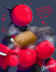 breasts digital_drawing_(artwork) digital_painting_(artwork) food kabiwuz large_breasts machine_girl red_body robot robot_girl robot_joints sparbot sparring_dummy steam steaming_body text