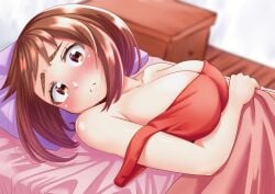 bare_arms bare_shoulders bed bed_sheet big_breasts blanket blush body_blush breasts brown_eyes brown_hair cleavage closed_mouth collarbone daichi_(hayate1328) dress embarrassed eyebrows eyelashes frown frowning lying lying_on_back lying_on_bed my_hero_academia ochako_uraraka red_dress short_hair strap_slip under_sheets