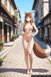 ai_generated ariavisions brown_hair hands_on_hips holo holo_(spice_and_wolf) nude red_eyes spice_and_wolf wolf_ears wolf_tail