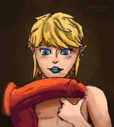 2boys blowjob crossdressing elf femboy glowing_eyes link looking_at_penis makeup naked precum the_legend_of_zelda