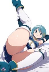 ai_generated artist_logo ass blue_eyes blue_hair cute hi_res laying_down laying_on_bed laying_on_side legs_up madoka_worship magical_girl mahou_shoujo_madoka_magica miki_sayaka puella_magi_madoka_magica short_hair simple_background smile splits tagme thick_thighs thong