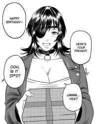 1girls big_breasts birthday birthday_present chainsaw_man cleavage english_text female female_only giving_present happy_birthday himeno_(chainsaw_man) ipad keidh monochrome pov present smile smiling solo text wholesome