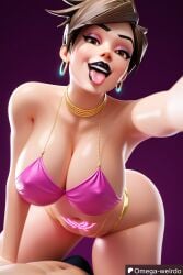 1girl1boy ai_generated big_breasts black_lipstick brown_eyes brown_hair dancer_outfit earrings female gigantic_breasts huge_breasts lipstick looking_at_viewer makeup omega-weirdo open_mouth overwatch overwatch_2 patreon pov spiky_hair straddling tongue_out tracer womb_tattoo