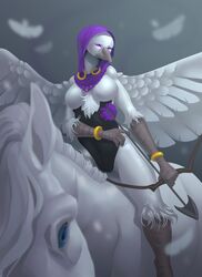 2019 5_fingers ambiguous_gender anthro avian beak big_breasts bird breasts cameltoe clothed clothing digital_media_(artwork) duo equid equine female female_focus feral fingers hair hi_res horse mammal purple_eyes solo_focus viga white_hair