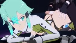 1boy 1boy1girl 3d animated aqua_eyes aqua_hair asada_shino ass ass_job barechest big_ass buttjob clothed curvy curvy_figure female hair_ornament hairclip intercrural kirito miura3d open_clothes penis sinon small_breasts smiling sword_art_online tagme video