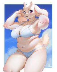 1girls animal_ears animal_nose anthro aruurara belly bikini blue_sky blush body_fur boss_monster bovid breasts caprine cleavage clothing cloud day female fur furry furry_female hands_up horns large_breasts looking_at_viewer mammal navel open_mouth outdoors plump red_eyes sky smile snout solo stomach swimsuit tail thick_thighs thighs toriel two-tone_fur undertale undertale_(series) white_bikini white_body white_fur white_horns wide_hips