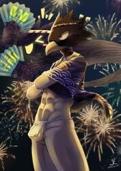 1boy 2021 ambiguous_gender animal_head animal_humanoid asian_clothing avian avian_humanoid bananana8729 beak biped blush blush_lines bulge clothed clothed_humanoid clothed_male clothing crossed_arms dark_shadow dated detailed_background detailed_bulge digital_media_(artwork) duo east_asian_clothing fireworks folding_fan for_a_head frown fumikage_tokoyami fundoshi hi_res holding_object humanoid humanoid_focus humanoid_hands japanese_clothing japanese_text kimono light-skinned_male male male_focus male_humanoid male_only my_hero_academia navel night outside pantsless pantsless_humanoid pantsless_male pattern_clothing pattern_topwear penis print_clothing print_topwear signature sky solo solo_focus standing text topwear underwear