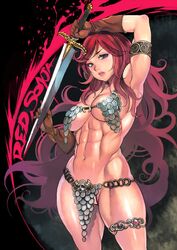 1girls armor bikini_armor chainmail chainmail_bikini f.s. female female_only large_breasts loincloth long_hair muscular_female red_hair red_sonja red_sonja_(comics) solo strong sword thick_thighs warrior