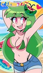 ai_generated arms_up beach big_breasts bikini cartoony female green_hair happy_female mostly_nude pink_eyes short_shorts swimsuit vannamelon vannamelon_(copyright) vtuber youtuber youtuber_girl