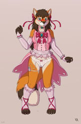 absurd_res anthro blush bodily_fluids bow canid canine clothing collar digitigrade eleode female fox genital_fluids hi_res mammal pussy ribbons rubber sex_toy solo underwear