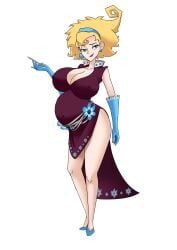 1girls almeram02 big_breasts blonde_hair blue_eyes captain_rainbow cleavage crazy_tracy erect_nipples_under_clothes gloves link's_awakening outie_navel pocky pregnant ready_to_pop smile solo the_legend_of_zelda