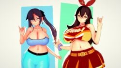 2girls amber_(genshin_impact) big_breasts big_thighs breasts busty cleavage codeyumi female female_only genshin_impact huge_breasts huge_thighs koikatsu large_breasts large_thighs mona_(genshin_impact) navel thick_thighs thighs twintails voluptuous