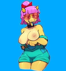 1girls anthro arm_under_breasts bangs bare_shoulders big_breasts black_choker black_eyes blue_background bow brawl_stars breasts buzz_(brawl_stars) buzzette choker collar female glasses hairbow horns humanoid looking_at_viewer multicolored_tongue overall_shorts overalls pink_hair ponytail rainbow_tongue red_glasses scalie short_hair solo standing suspenders suspenders_slip thighs thony_690 tongue yellow_body yellow_skin