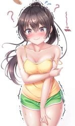 2024 anime arm_under_breasts bare_arms bare_legs bare_shoulders bare_thighs black_hair blush blushing breasts brown_eyes brown_hair camisole cleavage closed_mouth collarbone dolphin_shorts embarrassed front_view hand_on_arm hand_on_thigh hiro_(725611) legs_together light-skinned_female light_skin long_hair long_hair_female pointy_chin ponytail shiny_hair shiny_skin shorts side_slit sister small_breasts solo solo_female standing strap_slip student suou_yuki sweat sweaty sweaty_body sweaty_girl sweaty_tomboy tears teenage_girl teenager thighs tokidoki_bosotto_russian_de_dereru_tonari_no_alya-san tomboy trembling two_tone_bottomwear_(greenandwhite) two_tone_topwear_(yellowandwhite) wavy_mouth