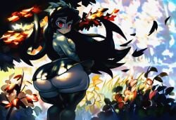 1girl black_hair bubble_butt edit filia_(skullgirls) huge_ass long_hair looking_at_viewer looking_back noonun samson_(skullgirls) shirt short_skirt skirt skullgirls tagme thick_thighs thigh_highs thighs tree wardrobe_malfunction wind