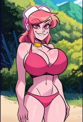 ai_generated beach big_breasts bikini curvaceous lean_figure miss_heed_(villainous) pink_bikini pink_hair princesslady94 smug_grin