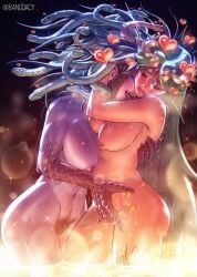 2girls \breasts armpit_hair armpit_hair_peek armpit_peek bangdacy claws colored_skin completely_nude fangs female_pubic_hair fingering green_hair grey_skin kid_icarus kid_icarus_uprising large_breasts long_hair medusa_(kid_icarus) monster_girl multiple_girls nude onsen open_mouth palutena partially_submerged pubic_hair scales snake_hair very_long_hair wet yuri