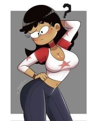 1girls aged_up ass autart big_breasts blush breasts brown_hair cleavage clothing female female_only long_hair looking_at_viewer nickelodeon simple_background stella_zhau the_loud_house white_background wide_hips