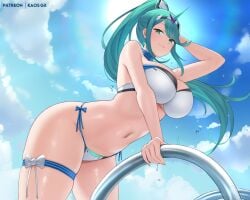 alternate_costume bikini female green_eyes green_hair highres kaos_art large_breasts nintendo pneuma_(xenoblade) ponytail solo swimsuit xenoblade_(series) xenoblade_chronicles_2