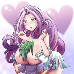 breast_smother breasts face_in_breasts female fingerless_gloves friendship_is_magic gloves green_hair heart huge_breasts humanized my_little_pony purple_hair size_difference smaller_male smooth_skin spike_(mlp) sweetie_belle_(mlp) tagme torn_clothes xxangeluciferxx