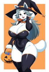 ai_generated anthro big_breasts candy_bucket female female_only halloween legwear nai_diffusion novelai self_upload temmie_(undertale) thick_thighs undertale undertale_(series) weedvee420 witch_hat