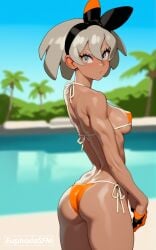 1girls ai_generated ass back background bea_(pokemon) bikini blurry_background blush blushing_at_viewer breasts cowboy_shot dark_skin dark_skinned_female fit_female game_freak gloves grey_eyes grey_hair looking_at_viewer micro_bikini pokemon pool pov short_hair tanned tanned_female tanned_girl tanned_skin thats_euphoria thighs