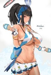 1girls alternate_version_available blue_archive cosplay female female_only genshin_impact looking_at_viewer mualani_(genshin_impact) mualani_(genshin_impact)_(cosplay) nebaneba red_eyes rio_(blue_archive) underboob