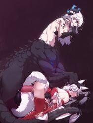 2girls absurdres animal_ears black_scales blue_eyes cum cum_overflow dragon_girl dragon_horns dragon_tail fox_ears fox_girl fox_tail futa_with_female futanari grin highres horns large_penis long_hair multiple_girls original penis pointy_ears rape smile tail taur todding top-down_bottom-up uncensored white_hair