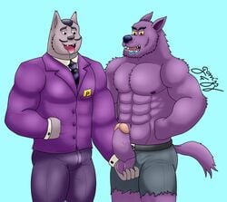 2boys bernard_(ok_k.o.!_lbh) boner canid canine canis cartoon_network clothed clothing dilf duo erection fully_clothed gay gorrizz humanoid_penis male male/male male_only mammal muscular muscular_male ok_k.o.!_let's_be_heroes penis powio_b._cardsley_the_third tongue wolf