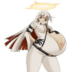 1girls almeram02 cleavage guilty_gear guilty_gear_xrd halo hand_on_stomach hyper_belly jack-o'_valentine outie_navel pregnant ready_to_pop red_eyes smile solo white_hair