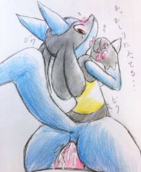 1boy ambiguous_gender anal anal_sex anus ass back black_body black_fur blue_body blue_fur blush bodily_fluids doggy_style drooling ears_up eiroru eye_contact feral fur hi_res human interspecies japanese_text looking_at_viewer looking_back lucario male male_pov nintendo open_mouth pawpads paws penetration penis pink_pawpads pokemon pokemon_(species) pokemon_dppt pov rear_view red_eyes saliva sex sketch snout spikes tail tears text thick_thighs video_games wide_hips yellow_body yellow_fur