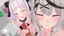 1boy 2girls 3d cum cum_in_face cumming_from_handjob eye_contact facial handjob hololive male_pov murasaki_shion no_sound open_mouth pov sakamata_chloe tagme tongue_out trio video virtual_youtuber zuzuzu3d