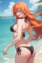 ai_generated amanda_(tdm) anime_nose anime_style ass back back_view backside beach beach_background bikini black_bikini brazilian female female_only lipstick looking_at_viewer looking_back looking_back_at_viewer monica's_gang ocean orange_hair red_hair red_lipstick sand solo_female turma_da_monica turma_da_monica_jovem water