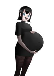 1girls almeram02 black_hair blue_eyes fully_clothed hand_on_stomach hotel_transylvania hyper_belly mavis_dracula outie_navel pregnant ready_to_pop smile solo