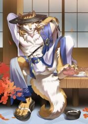 absurd_res anus asian_clothing asian_mythology bulge canid canine canis clothing domestic_dog east_asian_clothing east_asian_mythology feet hi_res inugami_(onmyoji) japanese japanese_clothing japanese_mythology jopika male mammal mythology paws shiba_inu solo spinugami_(onmyoji) spitz tail