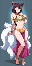 ahri ahri_(league_of_legends) ai_generated aianonguy blush cosplay dross_(style) fox fox_ears fox_girl league_of_legends league_of_legends:_wild_rift nine_tailed_fox self_upload slave_bikini slave_leia slave_leia_(cosplay) slave_outfit slavegirl stable_diffusion video_games