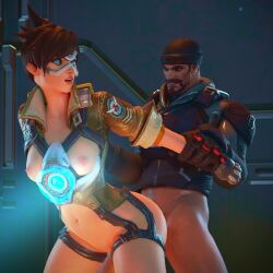 1boy 1girls 3d blenderdemon breasts clothes dark-skinned_male dark_skin from_behind goggles holding interracial muscular_male overwatch overwatch_2 penetration reaper sex thick_thighs tracer vaginal_penetration