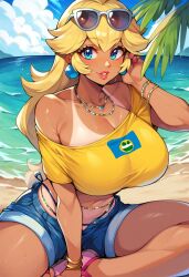 ai_generated beach blonde_hair blue_earrings blue_eyes dark-skinned_female female hand_on_hair huge_breasts mario_(series) necklace princess_peach shirt short_shorts solo sunglasses_on_head tanline tanned_skin