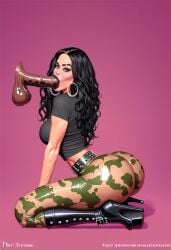 ai_generated alice_black ass bimbo bimbo_body bimbo_lips black_hair camo camo_print egirl floating_penis goth goth_girl high_heel_boots high_heels nipples_visible_through_clothing oc original_character pinup platform_boots platform_heels wavy_hair yoga_pants