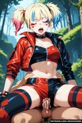 ai_generated ariavisions blonde_hair blue_eyes blue_hair choker closed_eyes ear_piercing hands_on_hips harley_quinn holding_hips moaning multicolored_hair pink_hair riding sitting_on_lap suicide_squad suicide_squad_isekai torn_clothes twintails